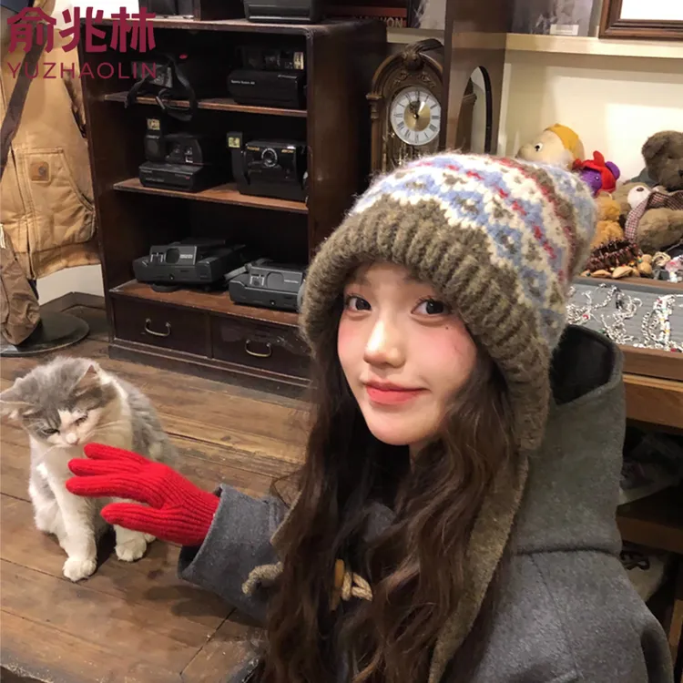 费尔岛风针织帽子女冬季复古巴拉克拉法帽包包帽保暖护耳毛线帽潮