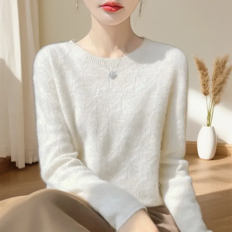 鄂尔多斯市纯100羊绒衫女低圆领秋冬季宽松薄款打底衫提花毛衣女