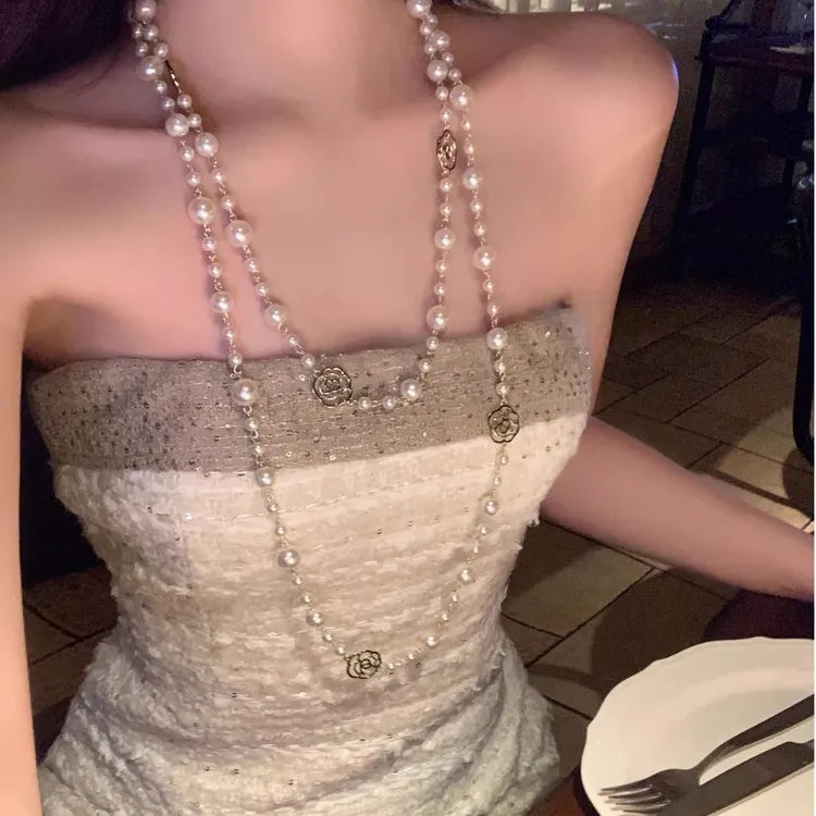 合金仿珍珠项链 财阀千金风叠戴项链玫瑰百搭轻奢毛衣链