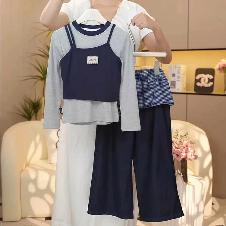 女童假两件吊带打底衫牛仔裤套装2025新款秋款长袖格子屁帘阔腿裤