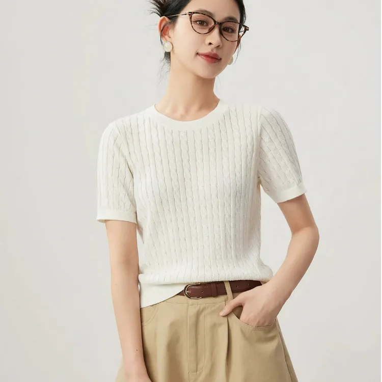 圆领针织上衣春夏洋气减龄百搭时尚打底短袖气质绿色套头纯色提花