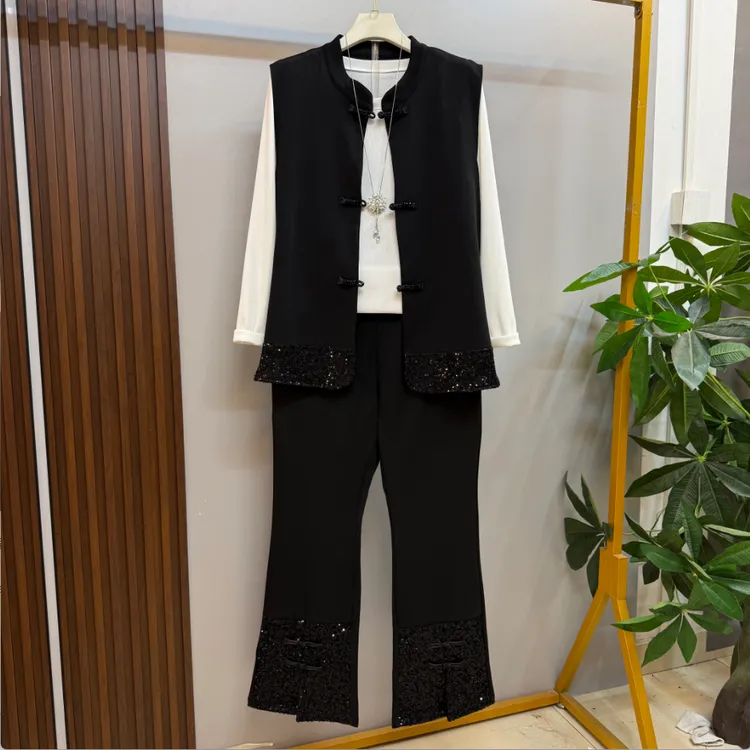 早秋新款时尚气质黑色复古盘扣装饰马甲三件套套装