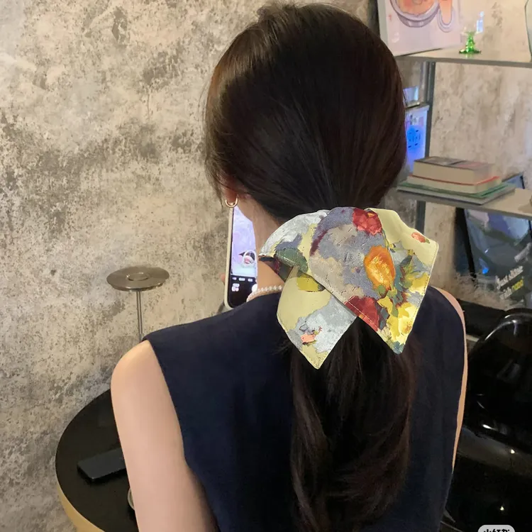 复古高级感油画风花朵方巾发圈女高弹扎头发头绳气质韩国肠圈头饰