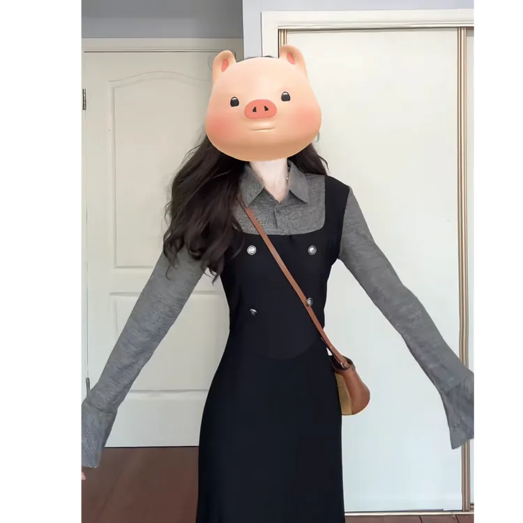 秋季新款学院风气质通勤拼接撞色假两件显瘦连衣裙洋气X11114