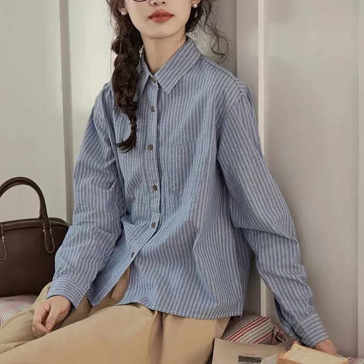 【纯棉条纹衬衫】秋季新款Polo领复古竖条纹衬衫女长袖宽松叠穿上衣