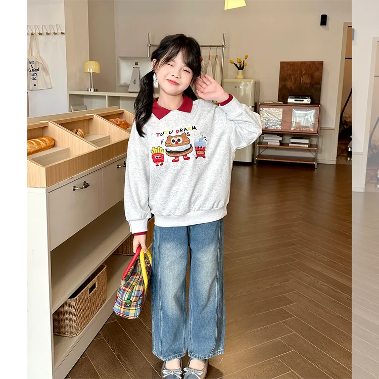 现货【汉堡包】2025秋季新款7703女童休闲百搭翻领卫衣套头衫上衣