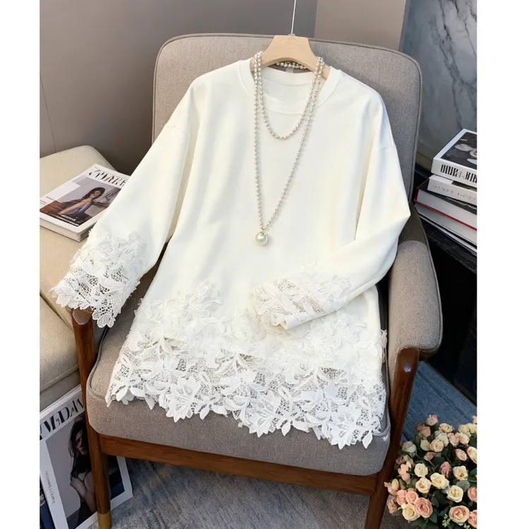 【轻奢气质】加绒白色长袖t恤女蕾丝秋冬新款中长内搭打底配鲨鱼裤