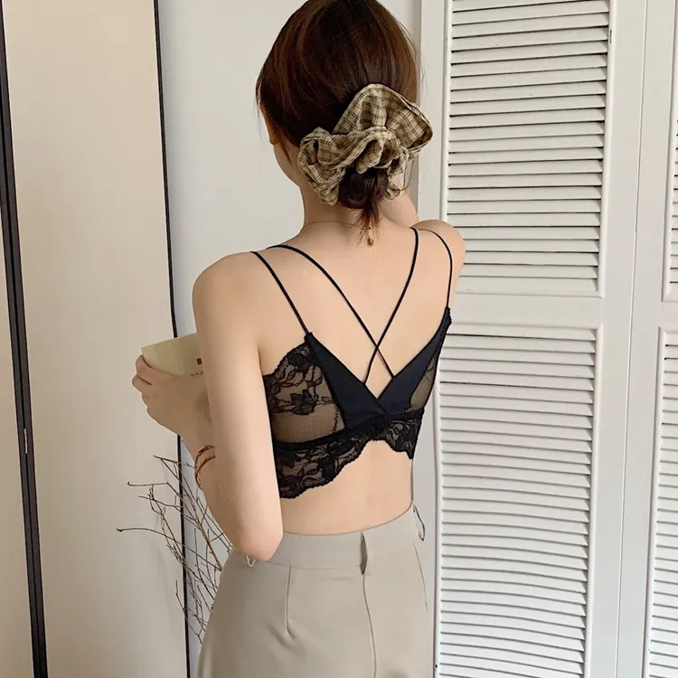 轻奢冰丝吊带内搭美背内衣文胸一体蕾丝吊带美背细肩带白色内搭