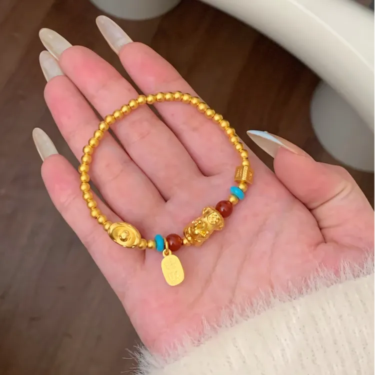 铜合金手链 新中式钱币貔貅元宝手链红色珠手串国潮复古招财首饰
