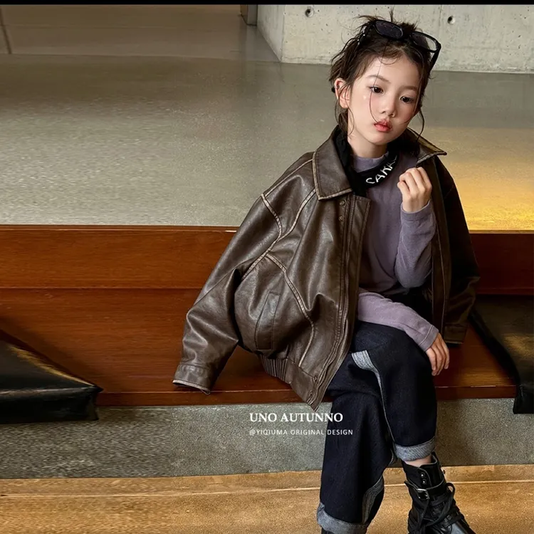爱上靓妞女童外套儿童秋装"秋季美拉德"复古高感宝宝皮衣夹克秋季