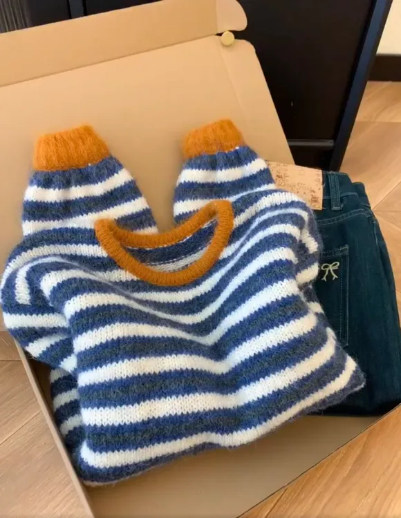 韩版条纹套头圆领针织衫毛衣女士可外穿内搭小个子打底上衣时尚