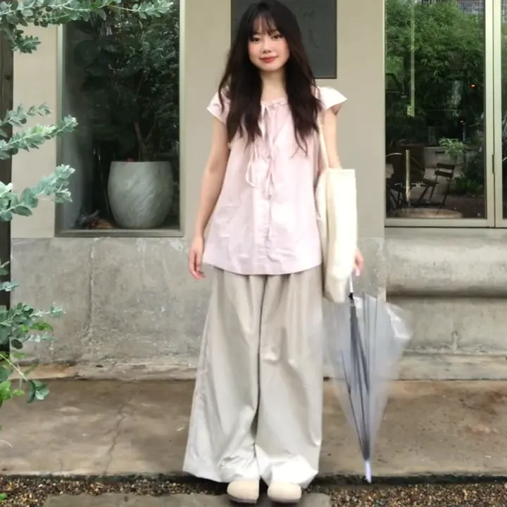 韩系系带宽松慵懒风衬衫女夏2025新款短袖上衣百搭阔腿裤两件套