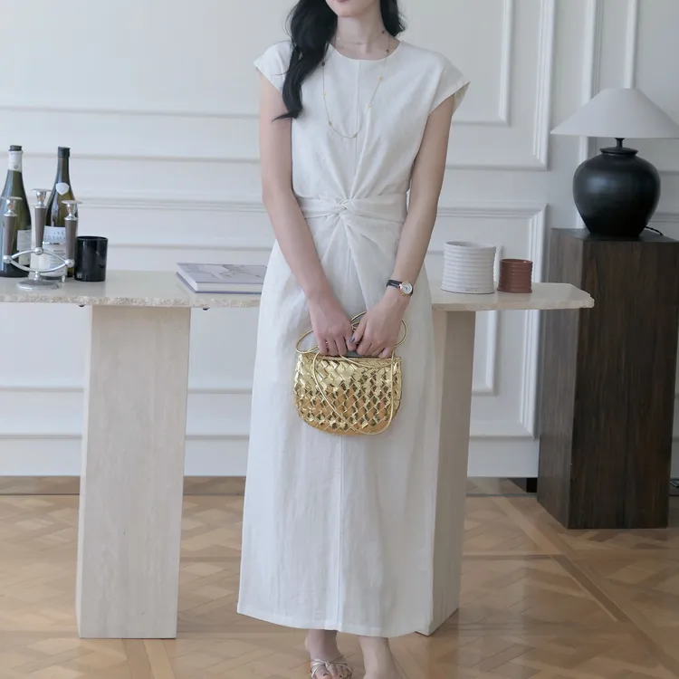 【白月光】新品显瘦女装高级极简中式老钱气质法式优雅亚麻连衣裙