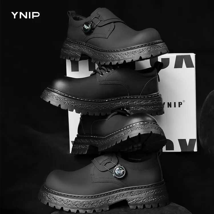 秋冬穿搭男士发泡底德比鞋暗黑系BOA旋转扣套脚男鞋厚底圆头皮鞋