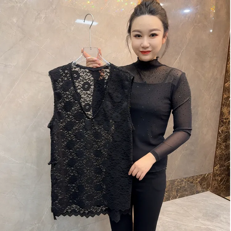 日常穿搭韩版蕾丝串珠马甲秋冬内搭新款