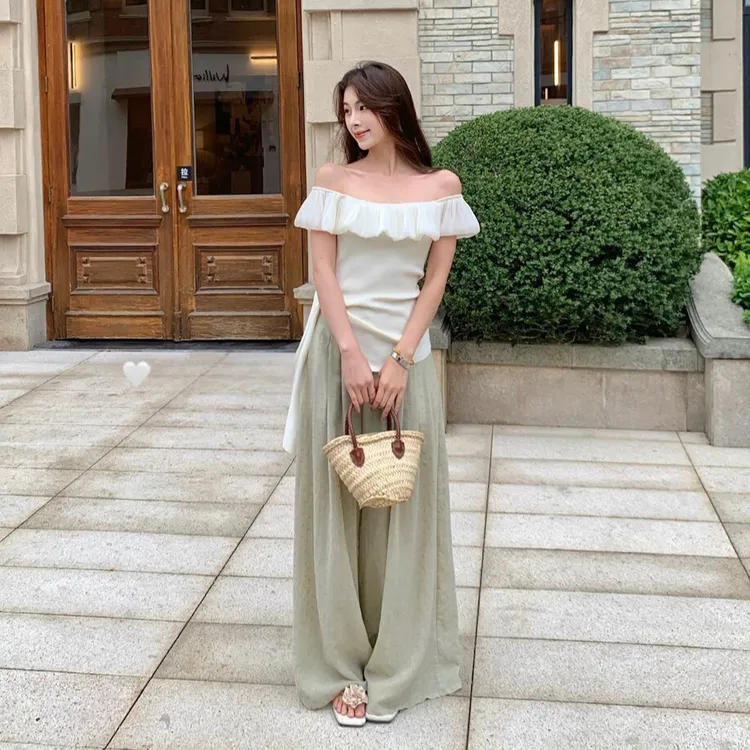 夏季穿搭一整套女装套装休闲时尚洋气小众一字肩上衣阔腿裤两件套