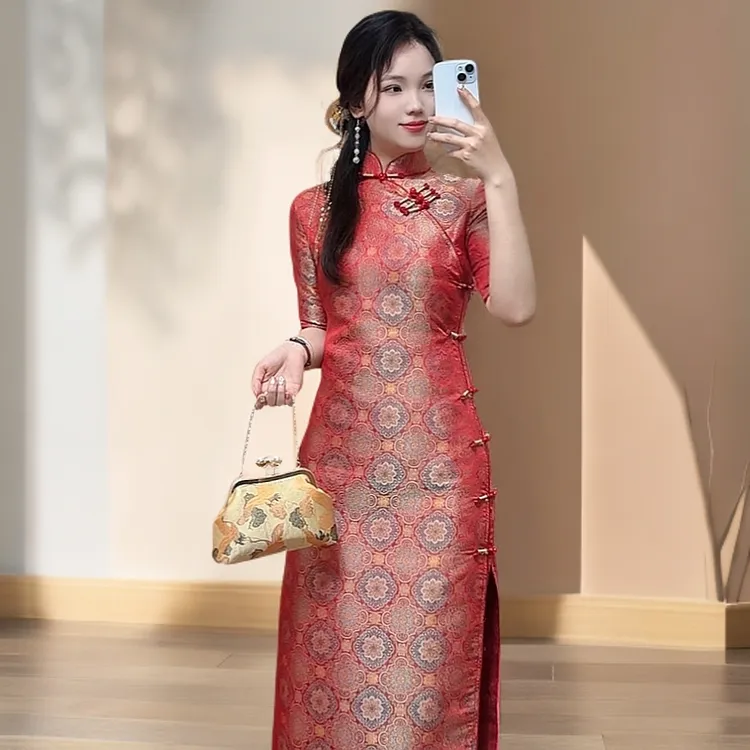 白幼秀全开襟古法复古红装中式喜婆婆喜妈妈宝象花设计师旗袍宋