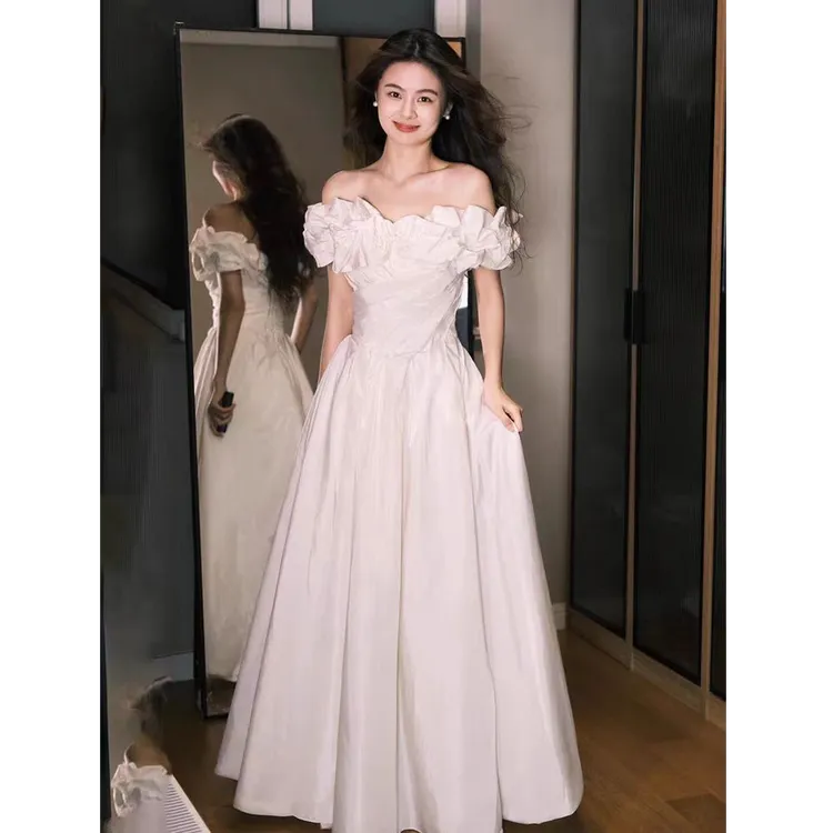 拉链款高定款法式缎面轻奢显瘦白色一字肩纱森系简约日常礼服裙