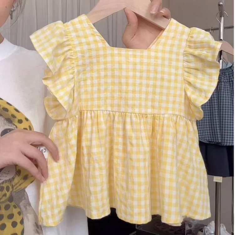 【现货在仓清】花小花韩版夏季短袖女宝上衣娃娃衫薄款格子小飞袖