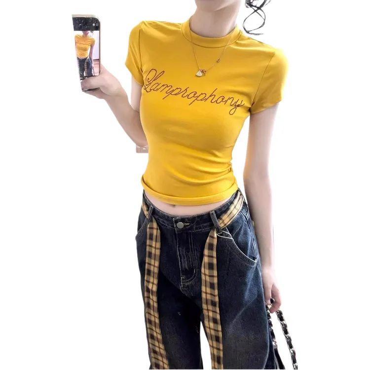 纯棉小众短袖T恤辣妹修身上衣夏季百搭时尚显瘦修身t恤设计感韩版