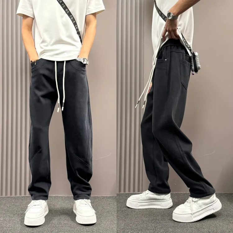 秋冬季重磅针织宽松百搭抽绳阔腿弯刀裤美式高街藏青色弯刀休闲裤