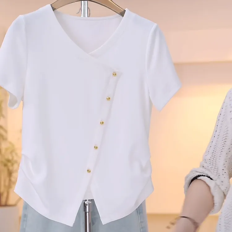 设计感不规则斜扣V领短袖T恤女夏季2025新款气质百搭显瘦白色上衣