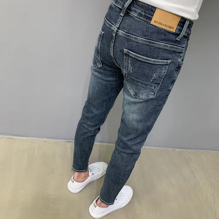 韩版小脚牛仔裤男秋季潮流修身弹力九分显瘦做旧蓝色百搭长裤子