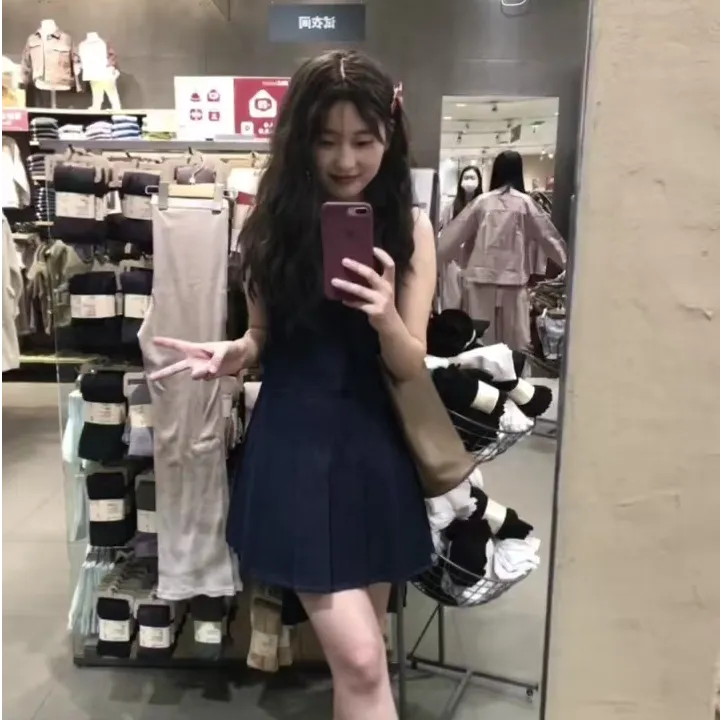 复古文艺牛仔背心裙百褶女2025夏季新款无袖连衣裙灰色开衫套装