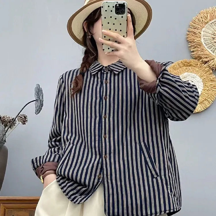 （加棉条纹衬衫）新款百搭文艺翻领条纹衬衫保暖棉服显瘦气质长袖
