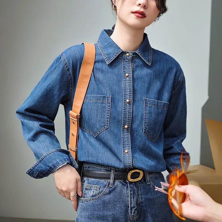 韩国冬装时尚精品加绒牛仔长袖衬衫女式上衣翻领加厚保暖外套