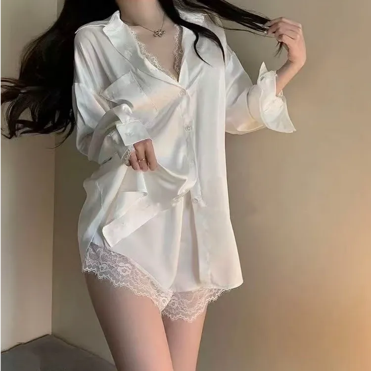 睡衣春秋仿真丝冰丝缎面新款家居睡裙蕾丝镂空丝滑透气可外穿6413