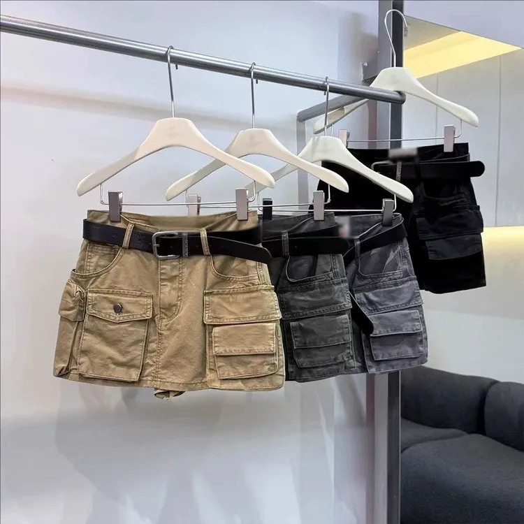 2025辣妹美式复古工装休闲短裙女夏季个性口袋高腰包臀半身裙