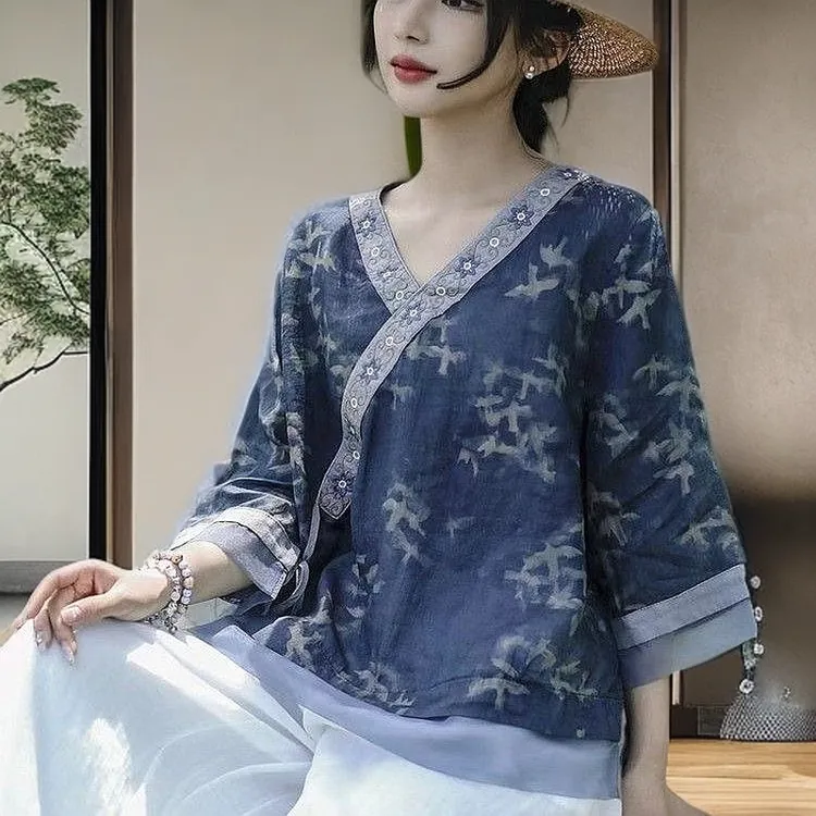 爆款百搭衬衫上衣七分袖宽松气质妈妈装夏季穿搭大码国风洋气女装