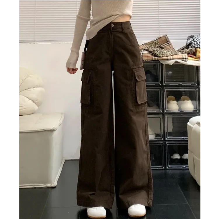 咖啡色极简工装阔腿牛仔裤宽松垂感休闲阔腿裤设计感时尚个性百搭