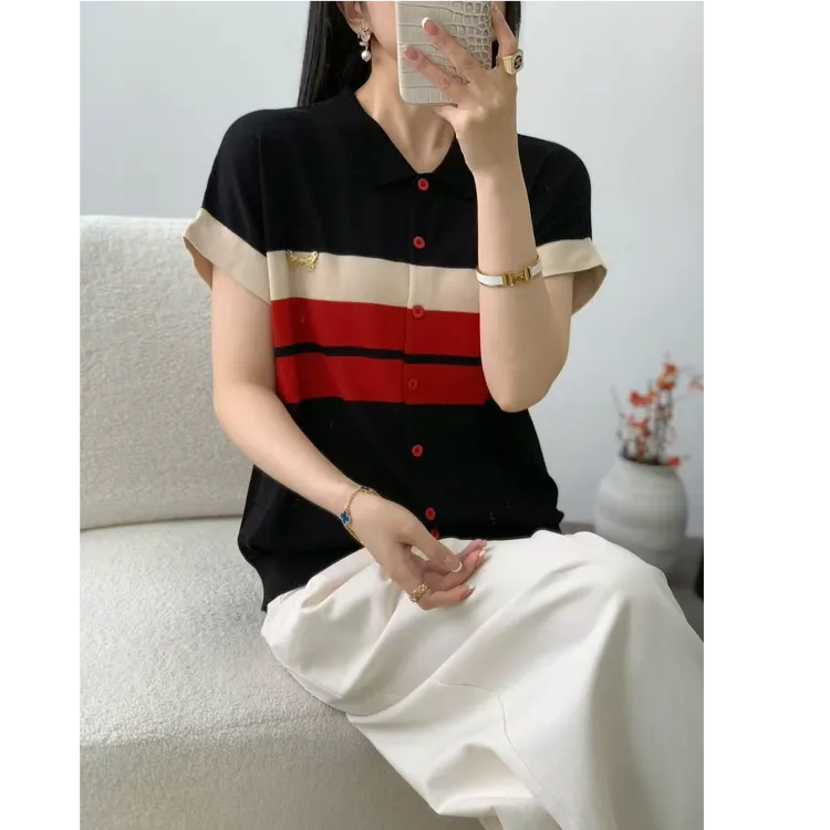 夏季轻奢高级感时尚翻领拼色减龄百搭针织开衫1229