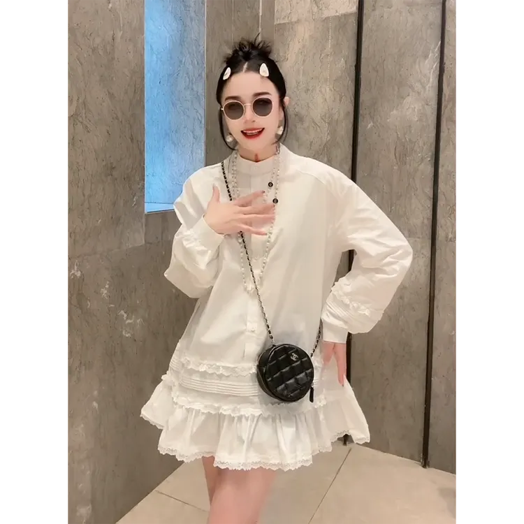 欧洲站2025冬季新款蕾丝拼接花边衬衫裙女宽松显瘦套头高级感上衣