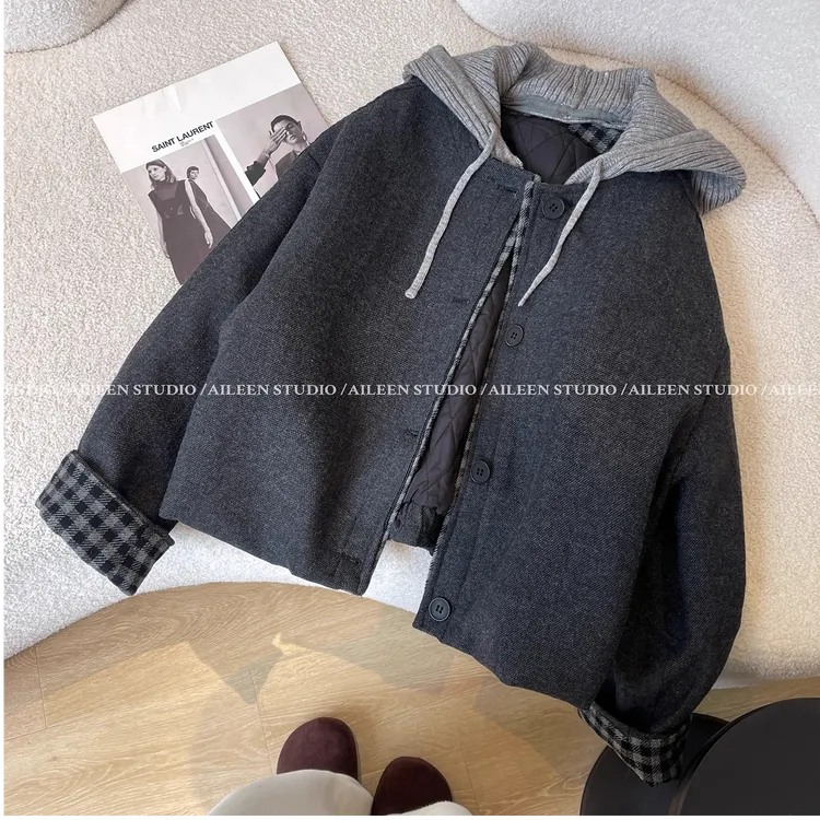 连帽加厚短外套2025秋冬季新款气质通勤风设计感休闲百搭棉服上衣