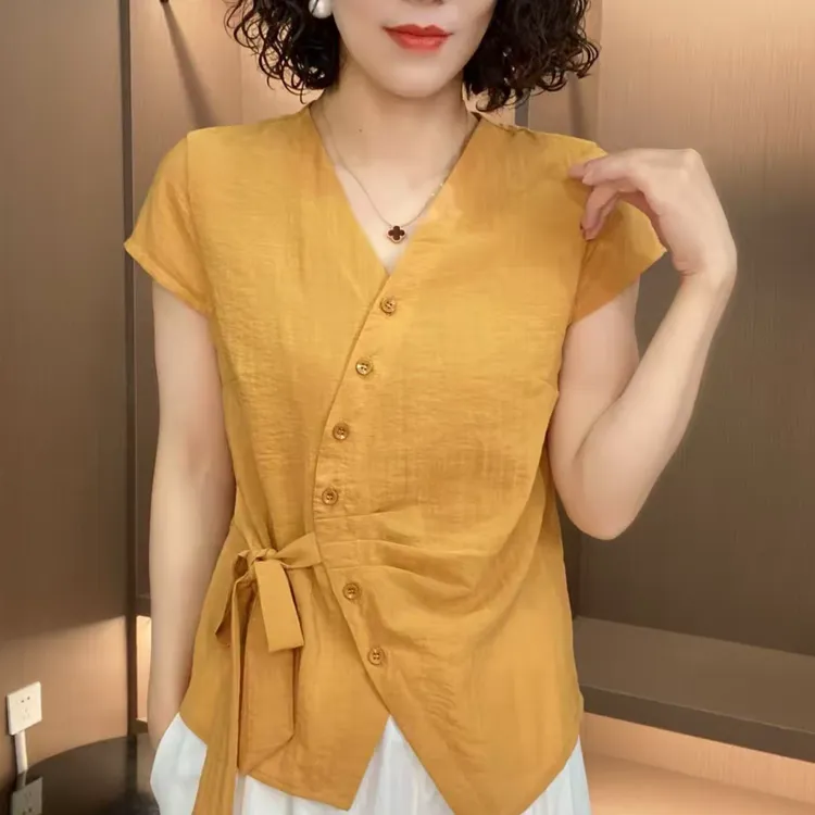 时尚衬衫开衫2025夏季新款V领洋气减龄显瘦休闲系带短袖上衣