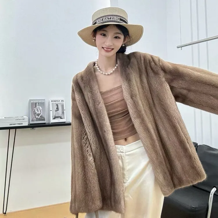 QIQI皮草“小北欧”2025新款进口水貂天鹅绒铁灰V领全抽简约外套女