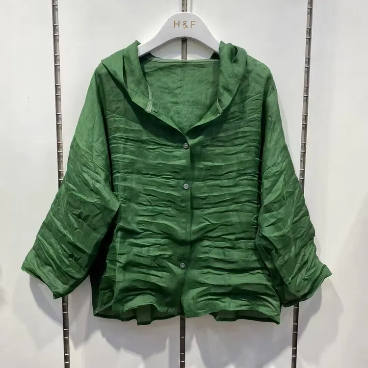 夏装女装新款纯色100织苎麻国风品质大码七分袖连帽上衣