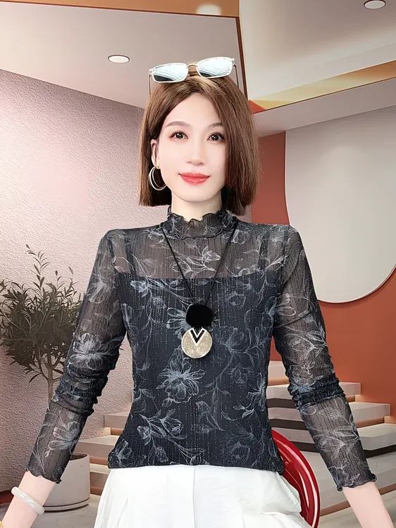 荷叶领网纱打底衫女内修身时髦小衫花色内搭长袖T恤百搭上衣秋冬