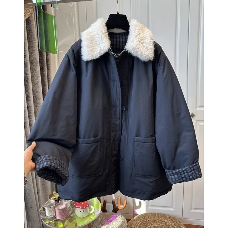 欧洲站毛茸茸翻领拼接中长款女夹棉厚款外套宽松慵懒2025冬季新款