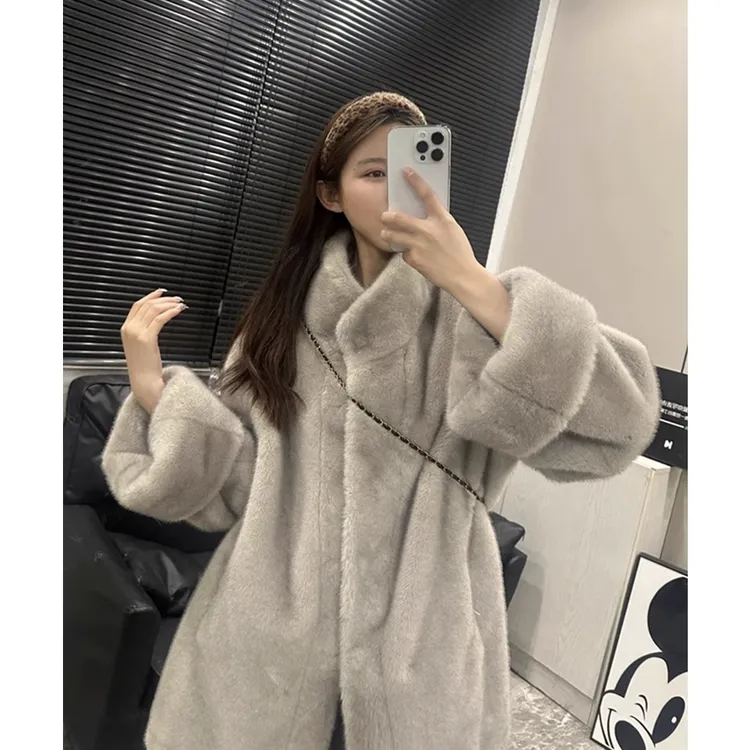 女生加绒加厚外套仿貂毛挽袖中古毛毛外套宽松秋冬最新款2025爆款