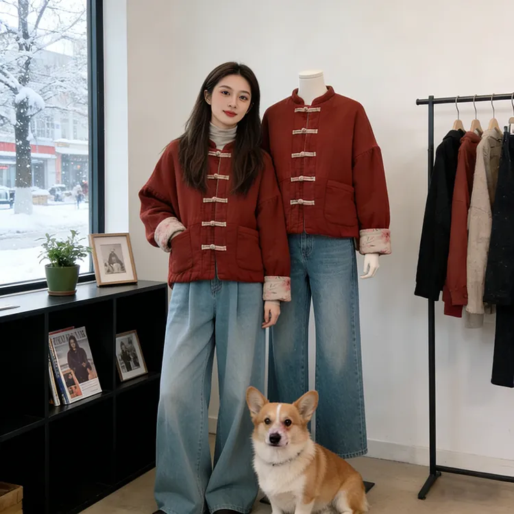 国风棉麻棉服冬季双面穿夹棉外套女款复古印花棉衣新中式盘扣棉袄