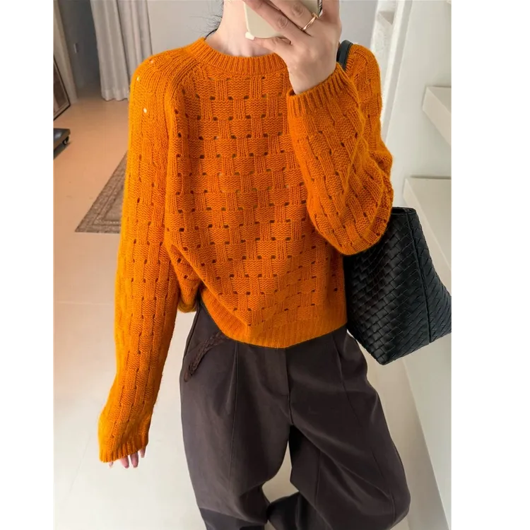 MEIZHENZI【100%绵羊毛】镂空编织针织衫女宽松打底毛衣（严禁机洗）