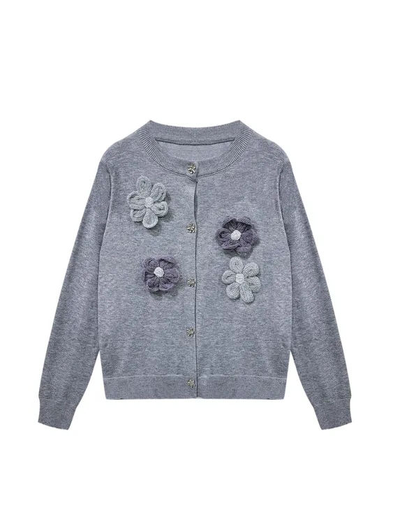 5401秋冬季新款圆领立体花朵毛衣女针织开衫