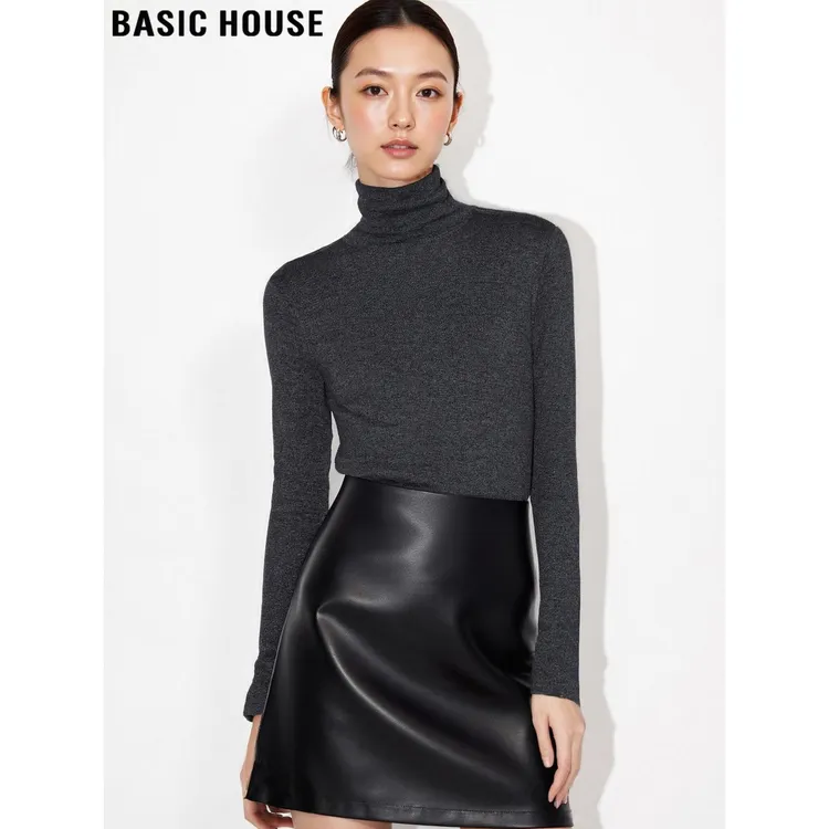 Basic House/百家好修身灰色高领长袖T恤女2025秋冬堆堆领打底衫