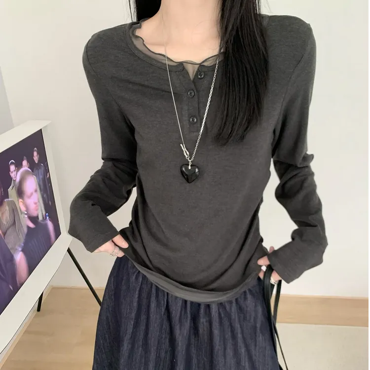 网纱拼接假两件设计感长袖t恤修身弹力打底衫秋季新款2025女潮