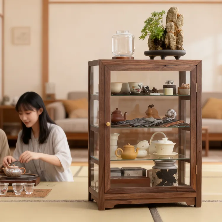北美胡桃实木透明玻璃防尘展示中式古董收纳柜茶叶柜茶具收纳柜