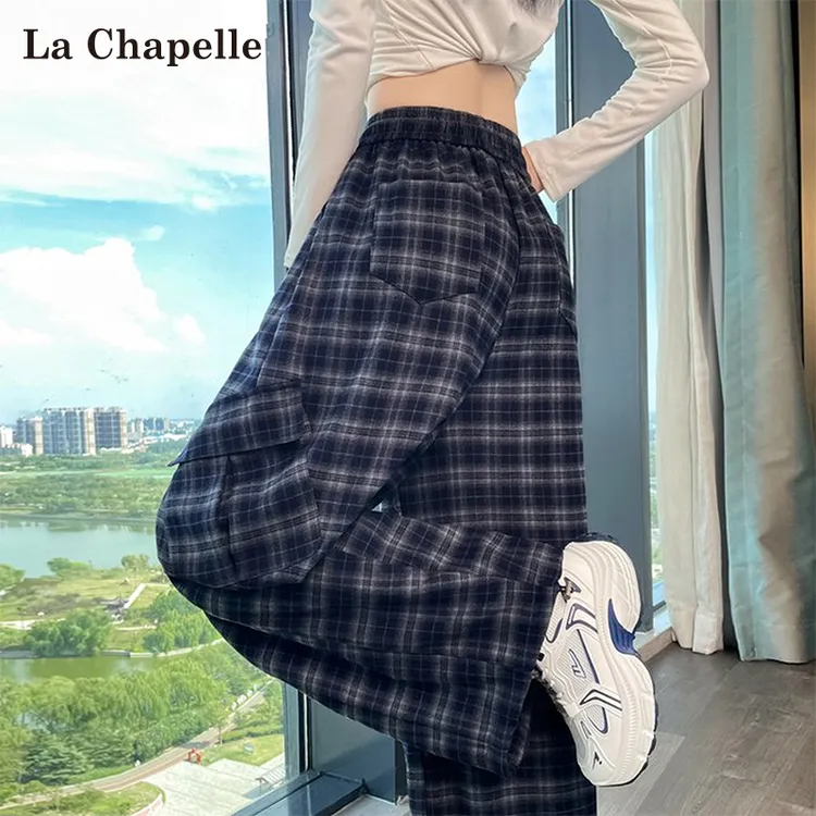 拉夏贝尔格子美式工装裤女秋季2025新款伞兵阔腿冲锋裤运动登山裤
